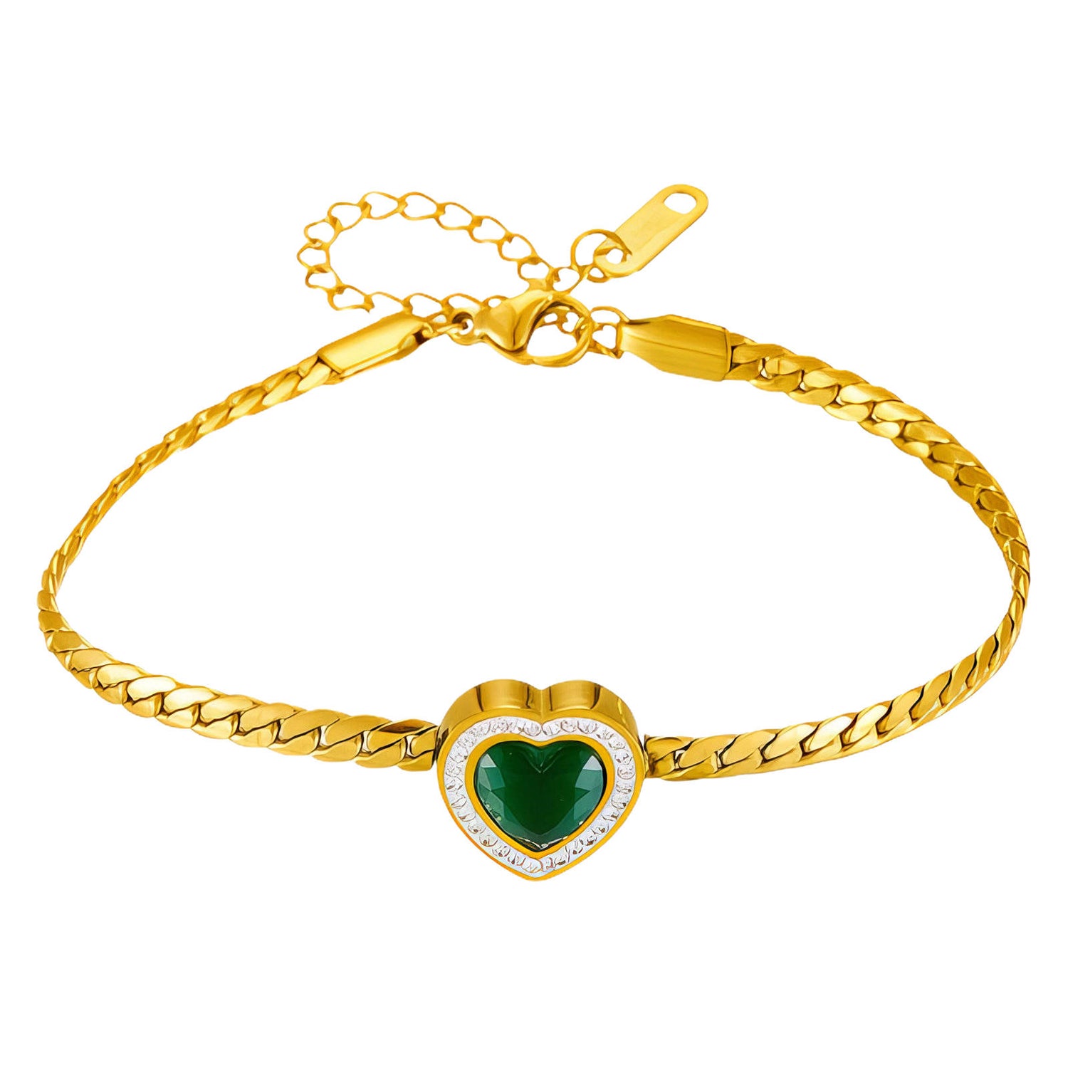 Gold bracelet with a heart-shaped green gemstone on a white background